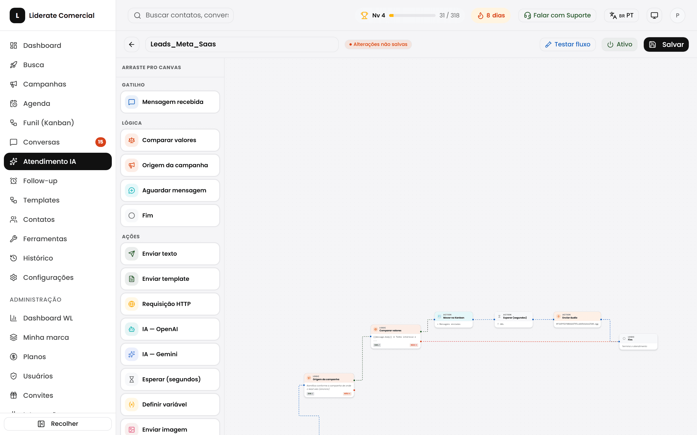 Construtor visual de fluxos de IA: nós de gatilho, lógica, HTTP e IA (OpenAI/Gemini)